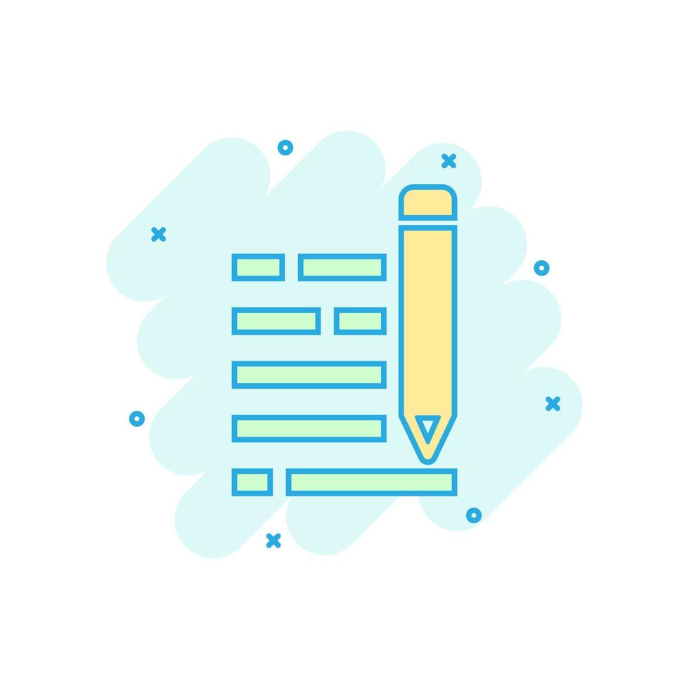 Pencil notepad icon in comic style. Document write vector cartoon illustration on white isolated background. Pen drawing business concept splash effect.