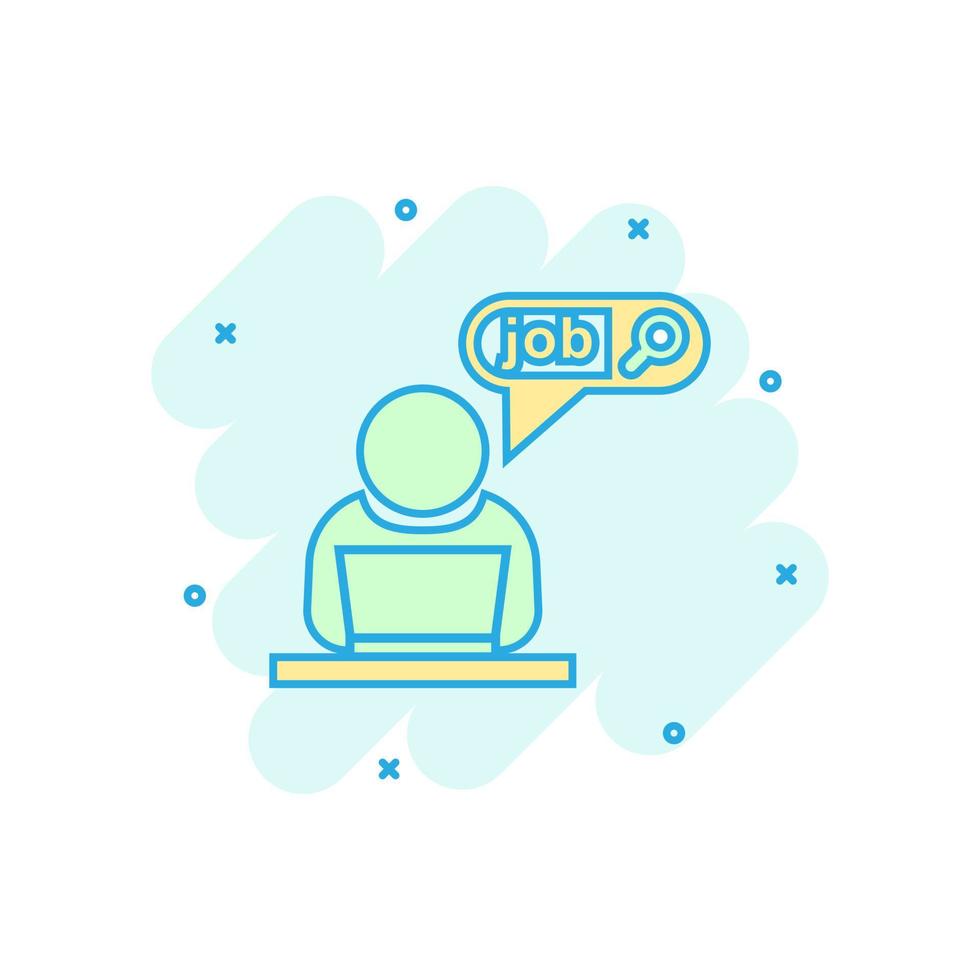 Search job vacancy icon in comic style. Laptop career vector cartoon illustration on white isolated background. Find vacancy business concept splash effect.