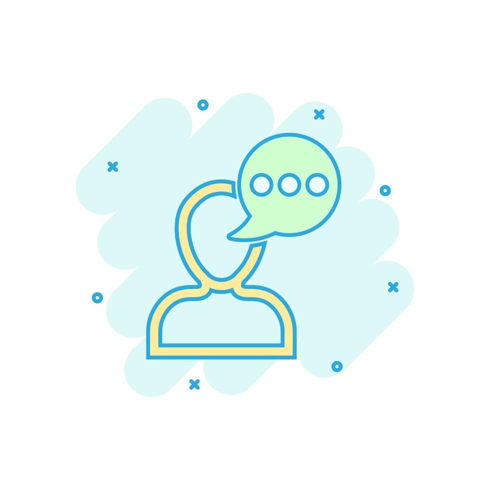 Man head mind thinking icon in comic style. Speech bubble with people vector cartoon illustration on white isolated background. Contemplating dialog business concept splash effect.