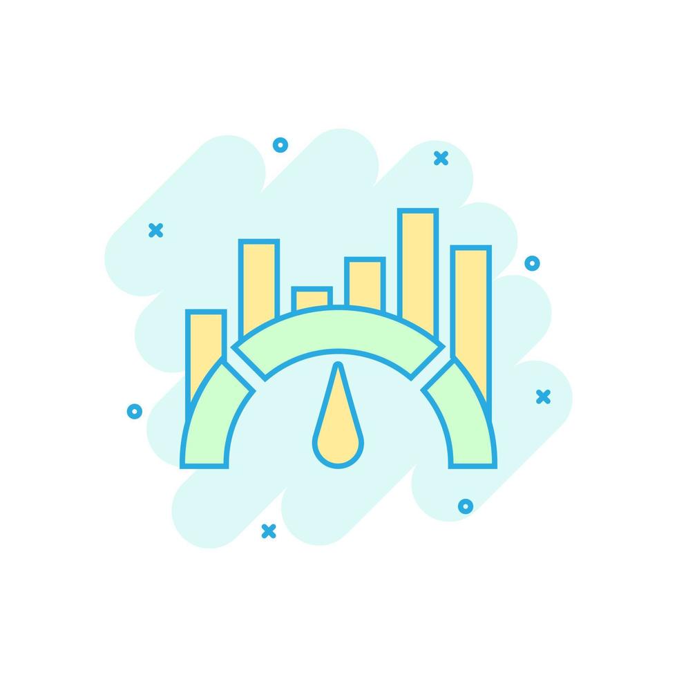 Benchmark measure icon in comic style. Dashboard rating vector cartoon illustration on white isolated background. Progress service business concept splash effect.