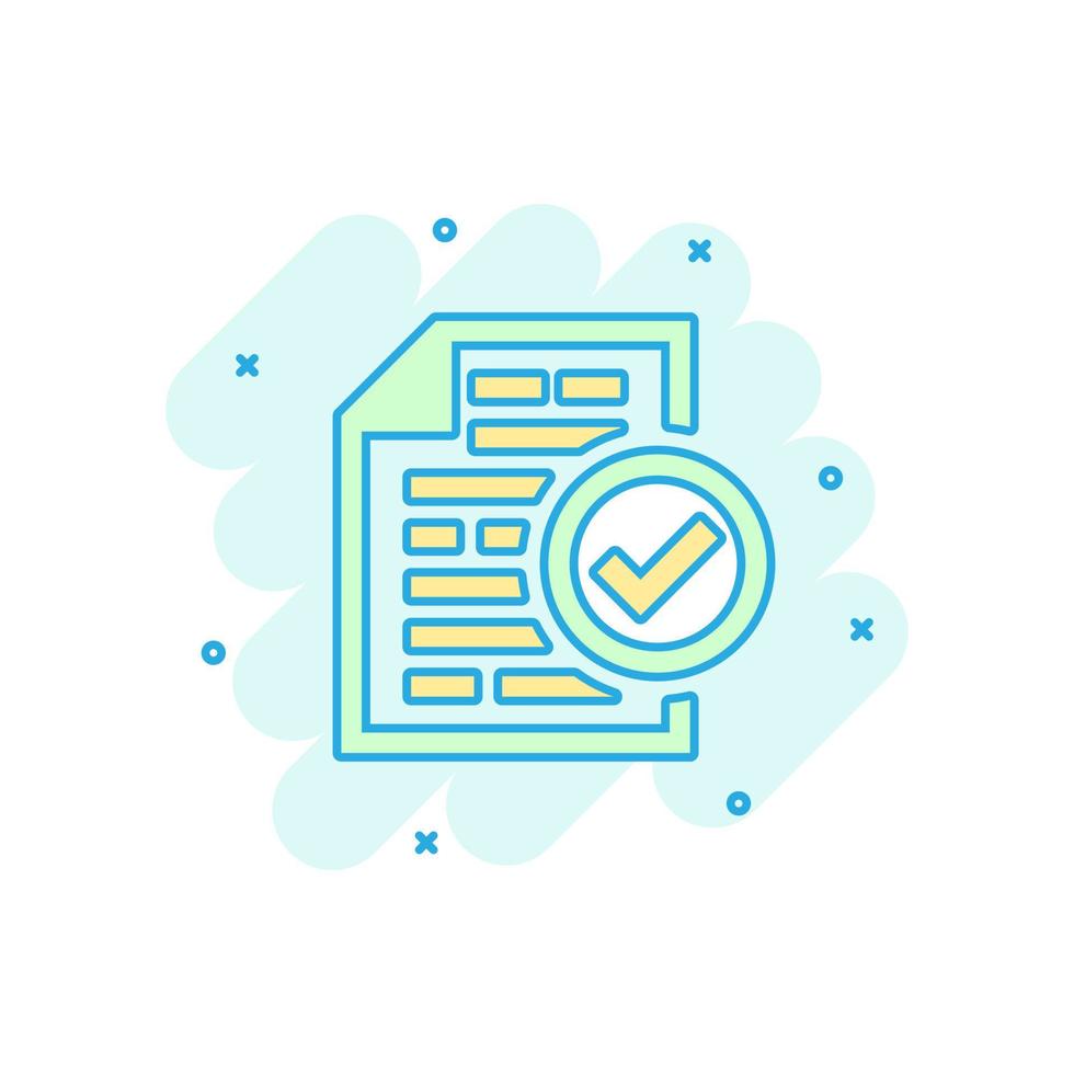 Compliance document icon in comic style. Approved process vector cartoon illustration on white isolated background. Checkmark business concept splash effect.