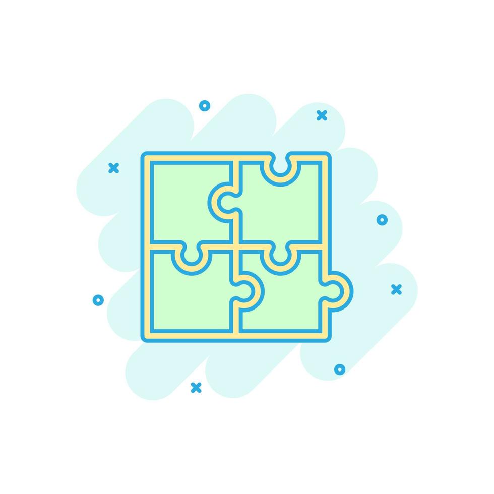 Puzzle compatible icon in comic style. Jigsaw agreement vector cartoon illustration on white isolated background. Cooperation solution business concept splash effect.
