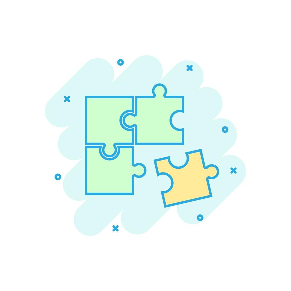 Puzzle compatible icon in comic style. Jigsaw agreement vector cartoon illustration on white isolated background. Cooperation solution business concept splash effect.