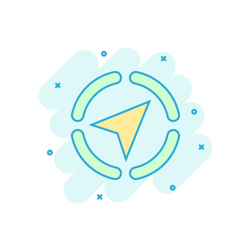 Global navigation icon in comic style. Compass gps vector cartoon illustration on white isolated background. Location discovery business concept splash effect.