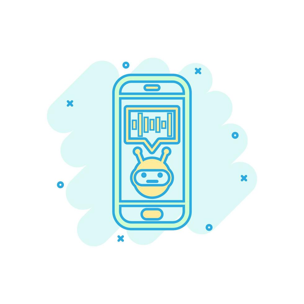 Voice assistant on smartphone icon in comic style. Sound record vector cartoon illustration on white isolated background. Chat recognition business concept splash effect.