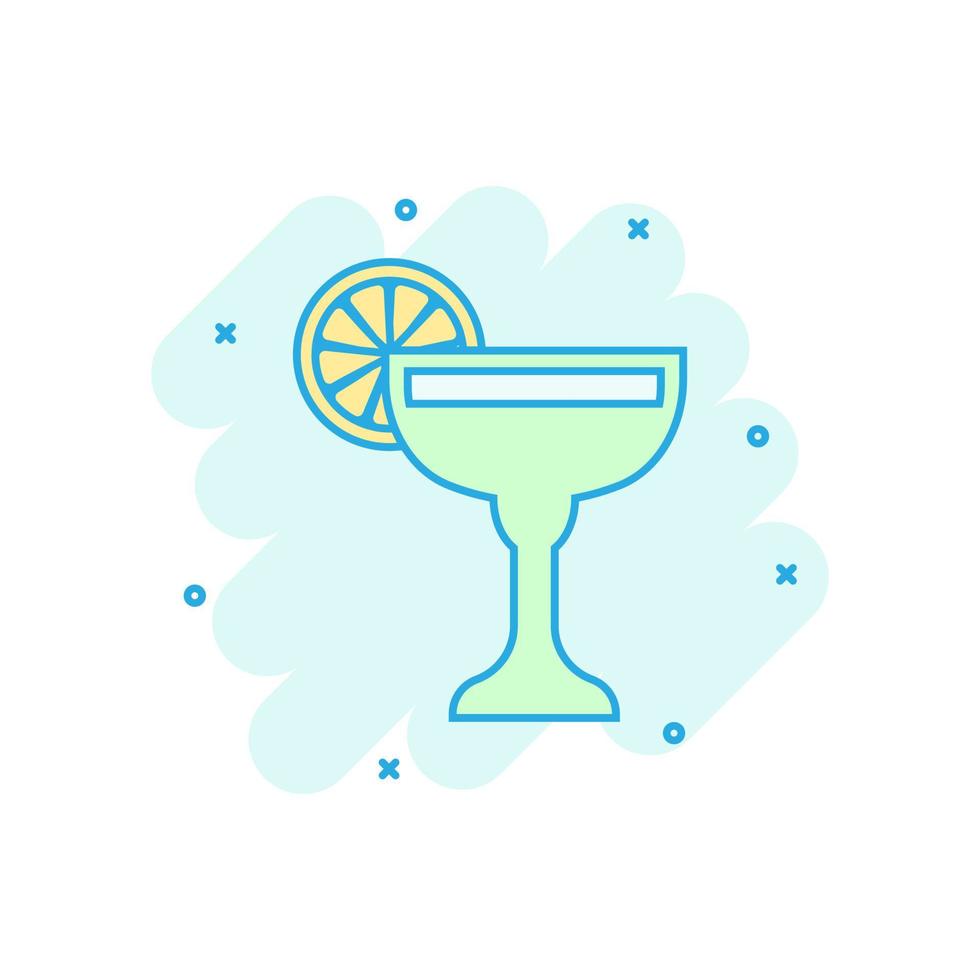 icono de cóctel de alcohol en estilo cómico. beber vidrio vector ilustración de dibujos animados sobre fondo blanco aislado. efecto de salpicadura del concepto de negocio líquido martini.