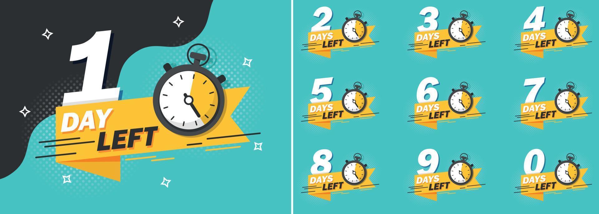 0, 1, 2, 3, 4, 5, 6, 7, 8, 9 days left icon in flat style. Offer countdown date number vector illustration on isolated background. Sale promotion timer sign business concept.