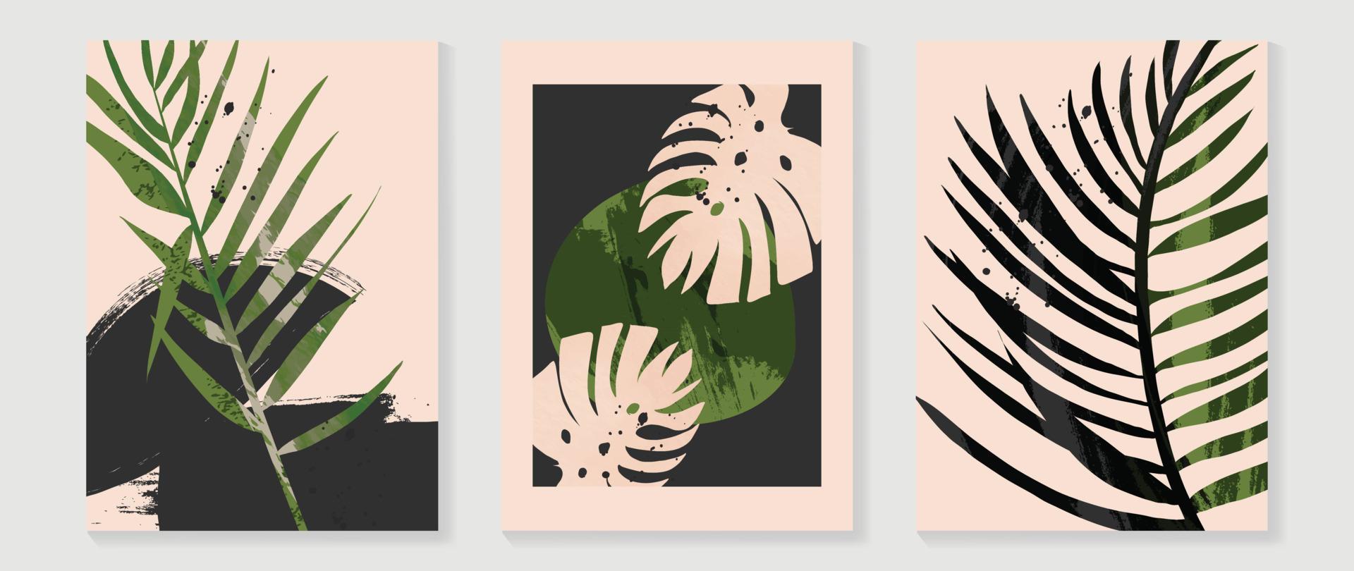 Set of abstract foliage wall art vector. Watercolor texture, tropical plants, palm leaf, monstera in hand drawn style. Botanical wall decoration collection design for interior, poster, cover, banner. vector