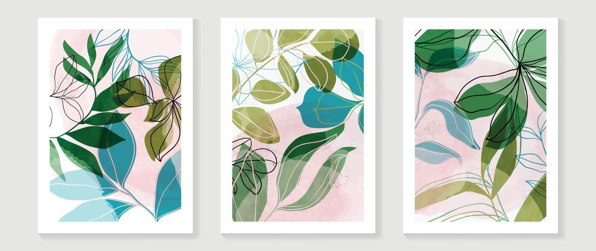 Set of abstract foliage  wall art vector. Leaves, line art, watercolor, leaf branches, flower in hand drawn style. Botanical wall decoration collection design for interior, poster, cover, banner. vector