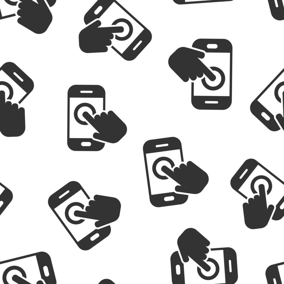 Hand touch smartphone icon seamless pattern background. Phone finger vector illustration on white isolated background. Cursor touchscreen business concept.