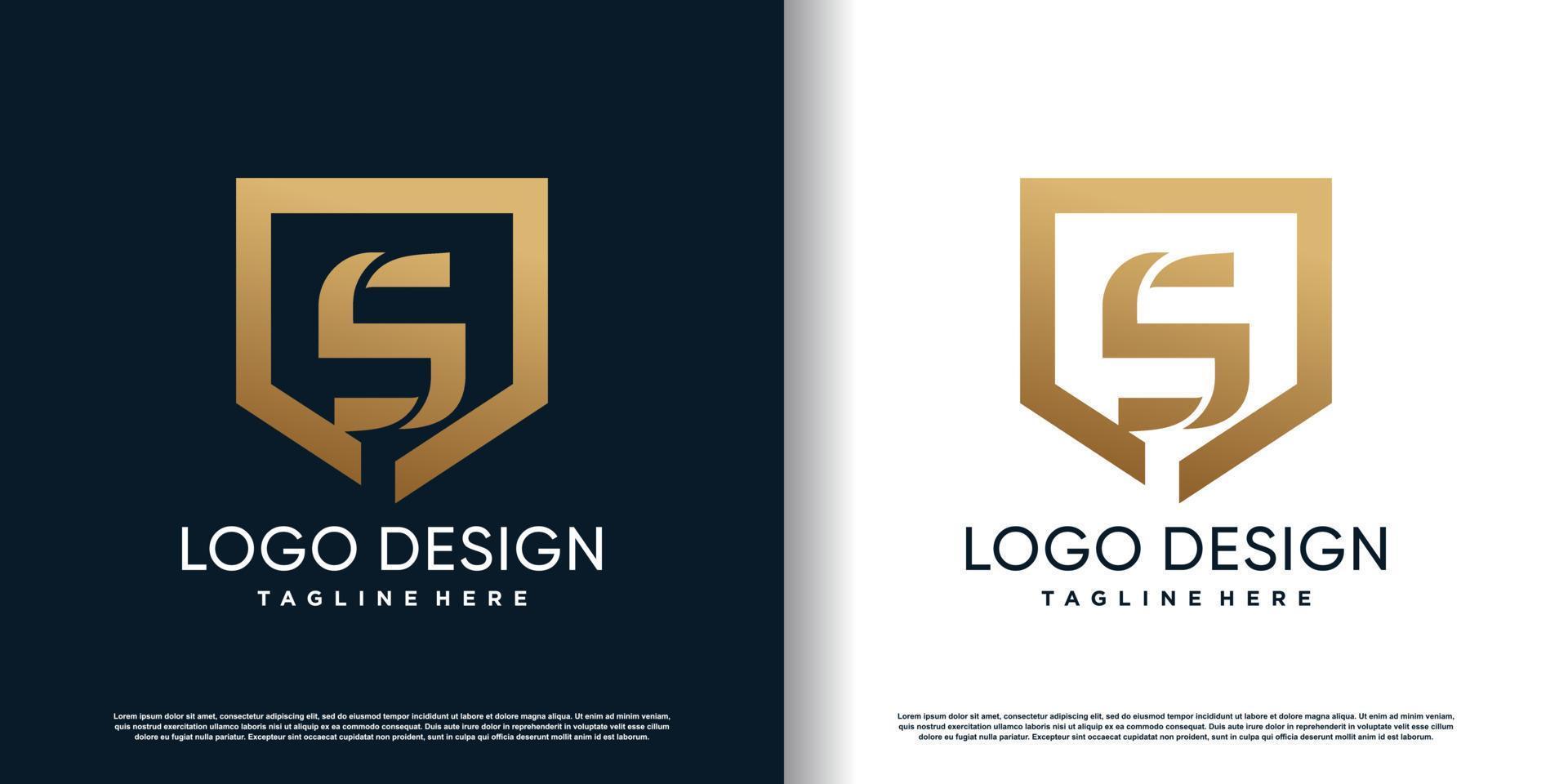 shield logo design with golden letter s concept premium vector