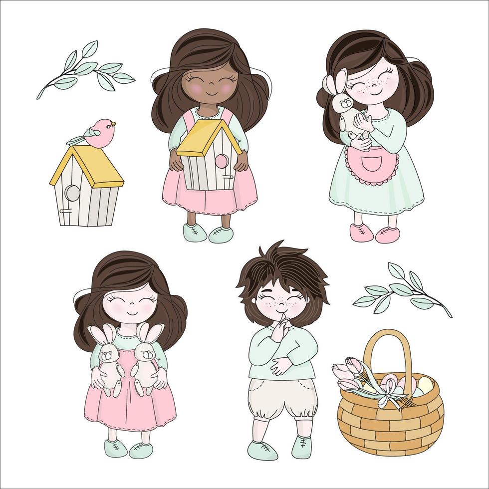 SPRING EASTER Children Characters Vector Illustration Set