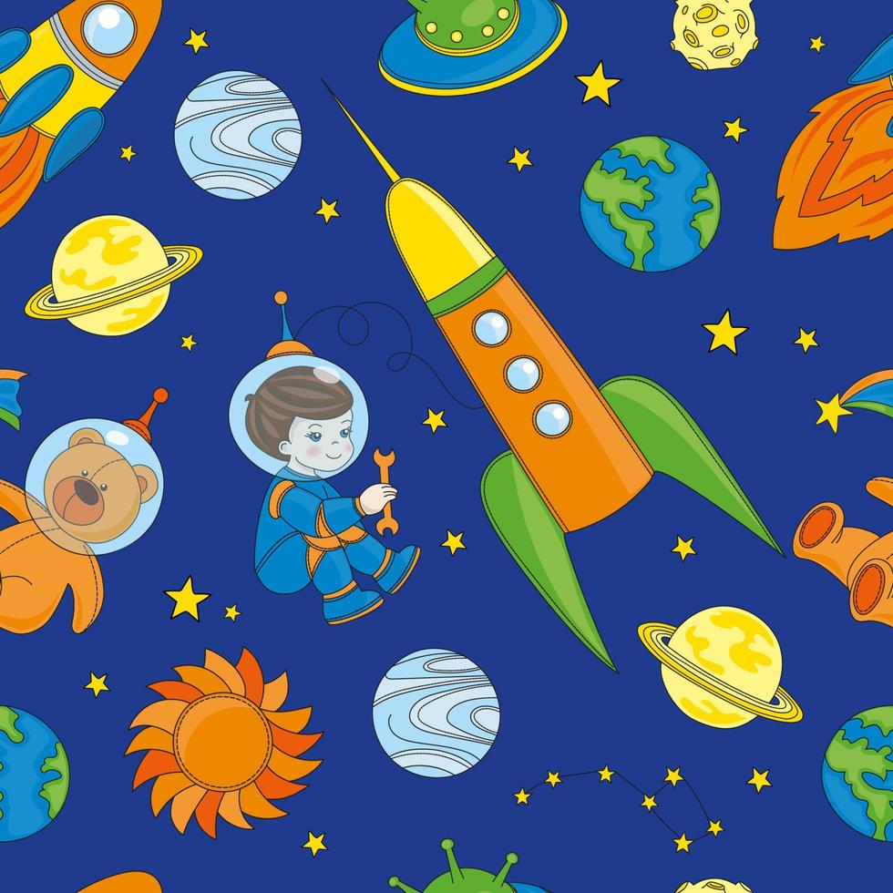 espacio hombre galaxia dibujos animados vector ilustración sin costura modelo