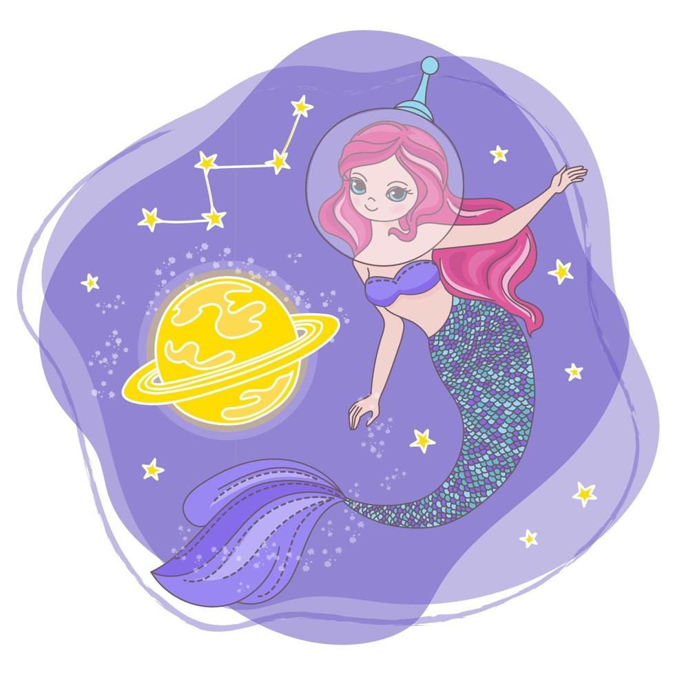espacio sirena princesa niña dibujos animados vector ilustración conjunto