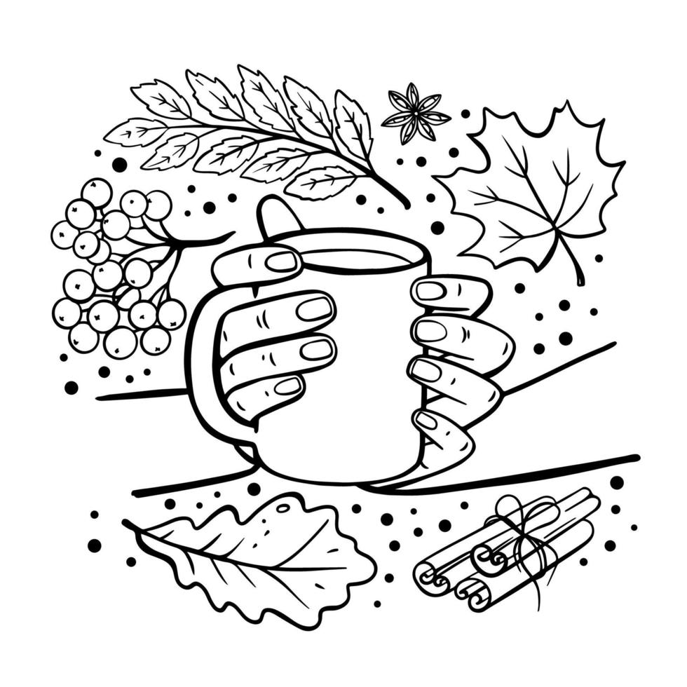 AUTUMN MUG IN HANDS Hand Drawn Monochrome Vector Illustration