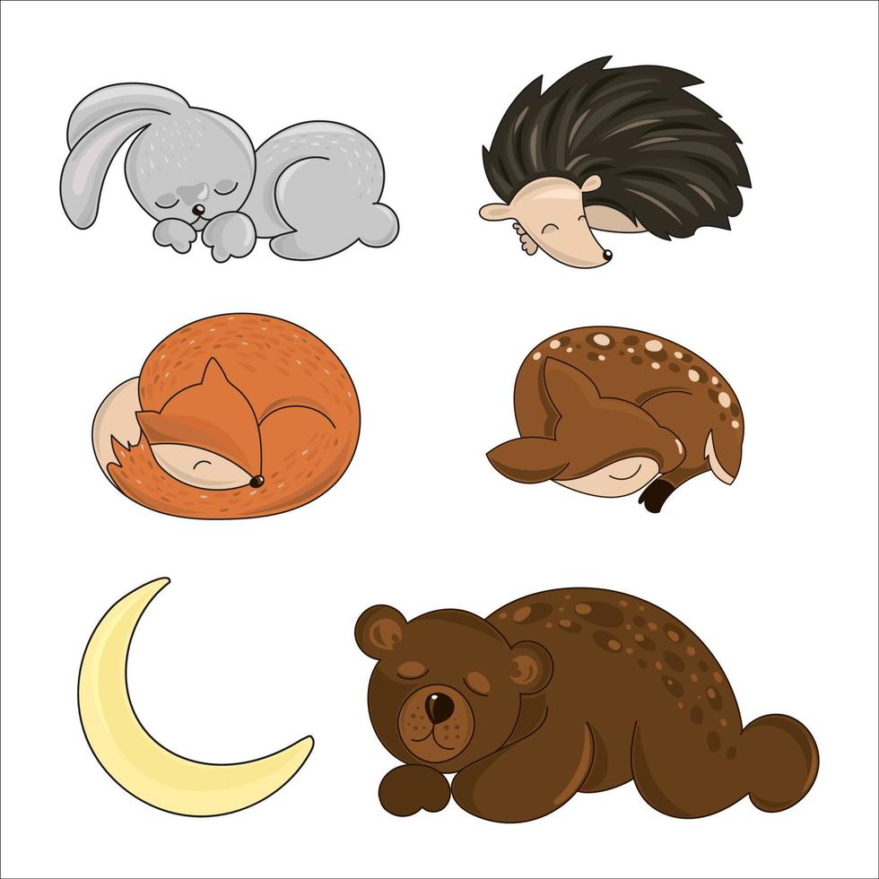 SLEEPING FOREST ANIMALS Child Cartoon Vector Illustration Set