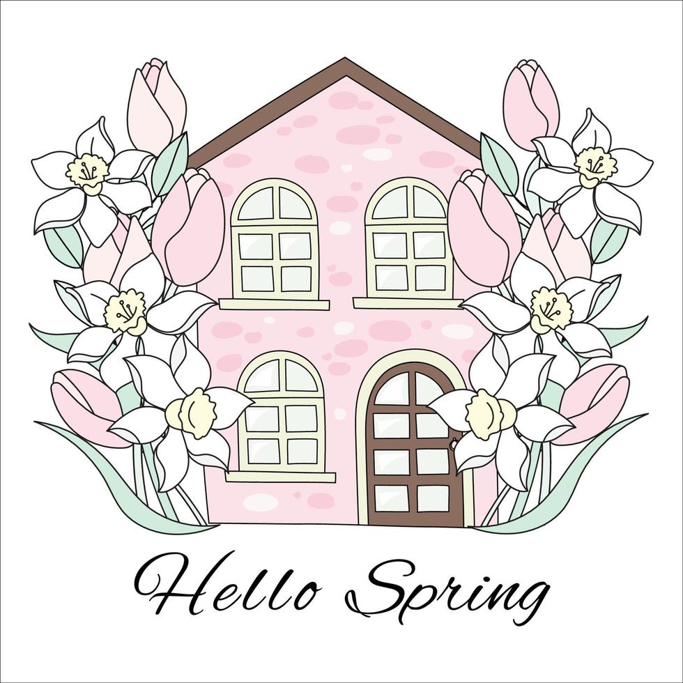 SPRING HOUSE Daffodil And Tulip Garden Vector Illustration Set