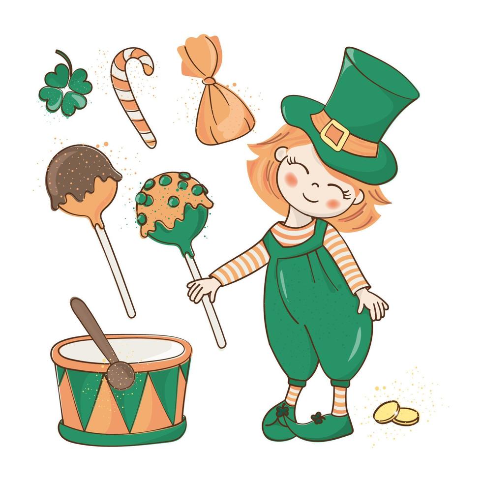 PATRICK BIRTHDAY Red Haired Leprechaun Vector Illustration Set