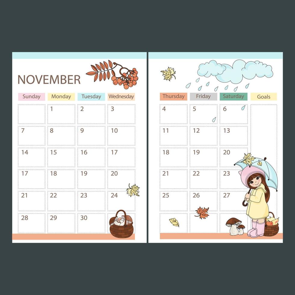 NOVEMBER PLANNER Autumn With Girl Cartoon Vector Illustration