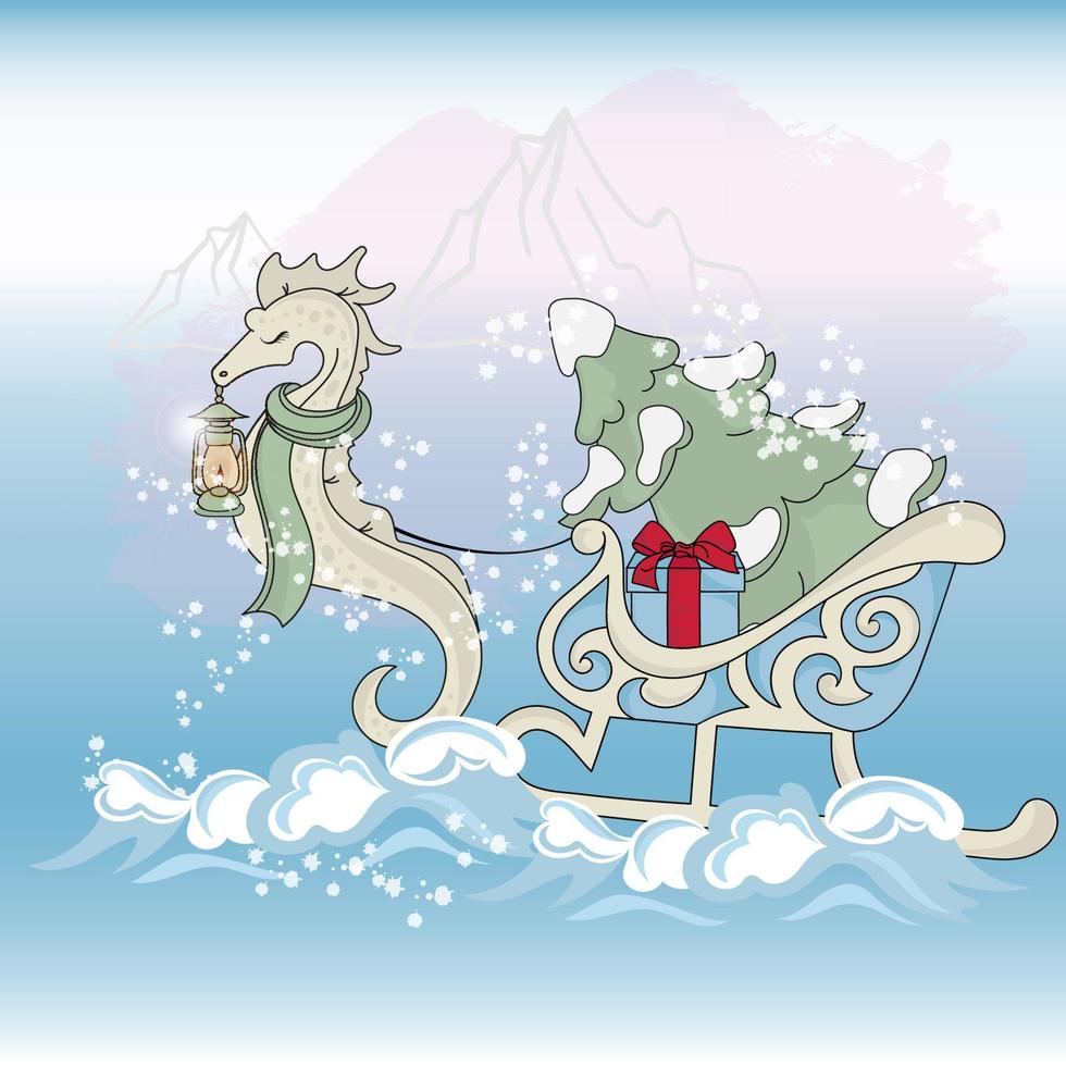 CHRISTMAS SEA HORSE Winter Cartoon Vector Illustration Set