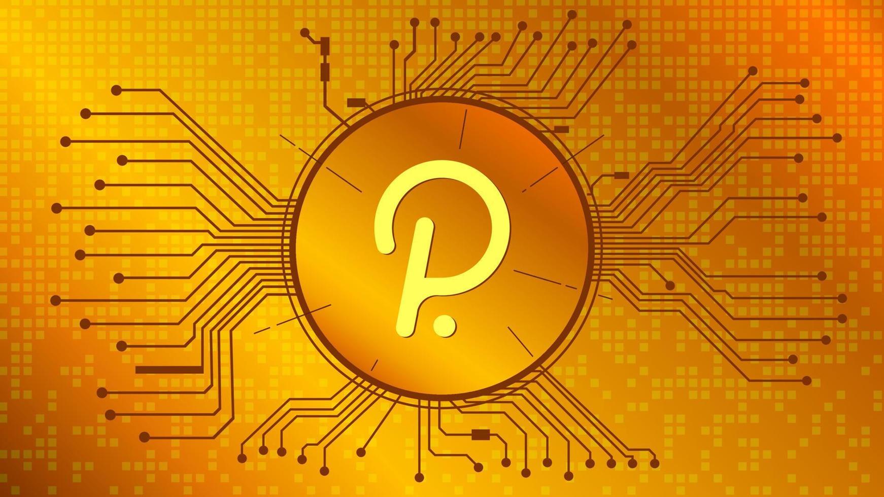 Polkadot cryptocurrency token symbol, DOT coin icon in circle with pcb on gold background. Vector illustration in techno style for website or banner.