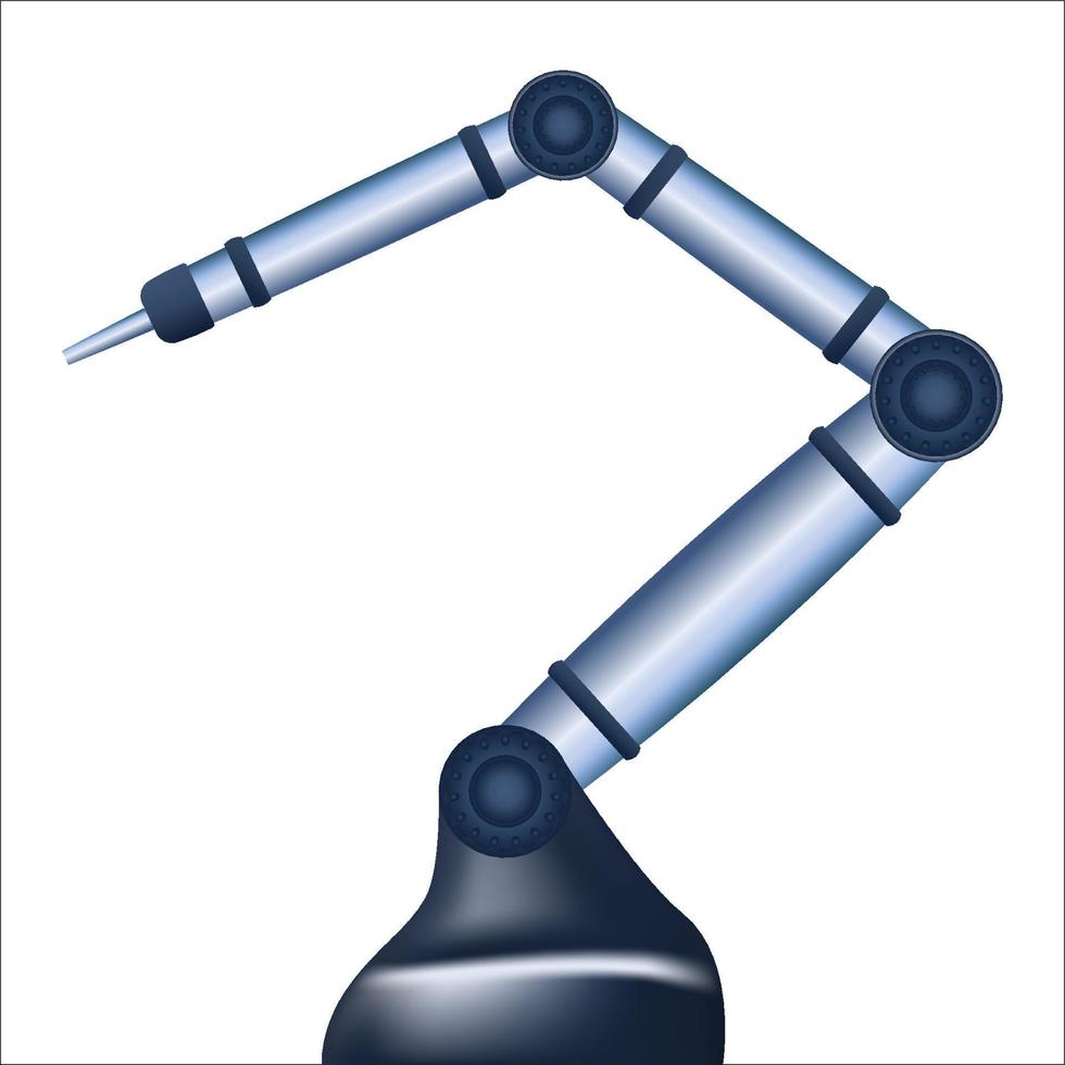 Mechanical robotic arm with laser for medicine or welding works isolated on white. Vector illustration.