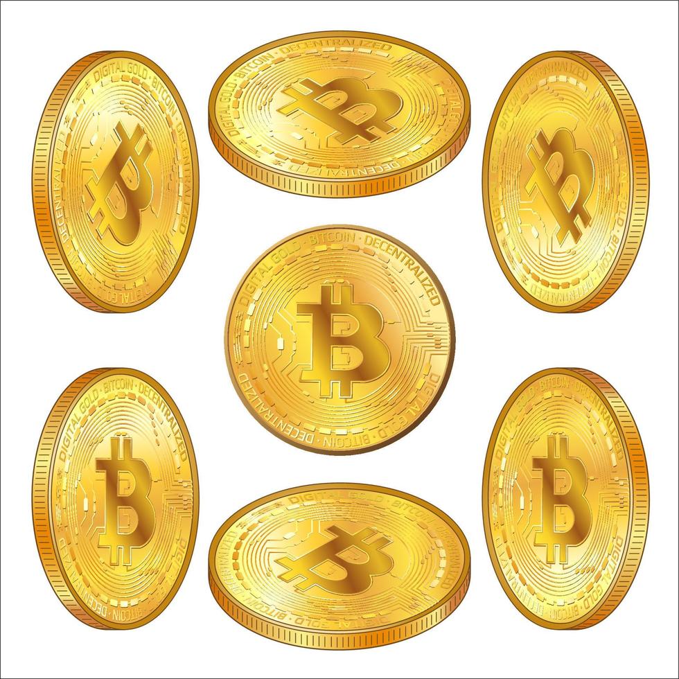conjunto de detallado oro monedas bitcoins en isométrica ver aislado en blanco. btc símbolo de moderno digital oro y dinero. vector ilustración.