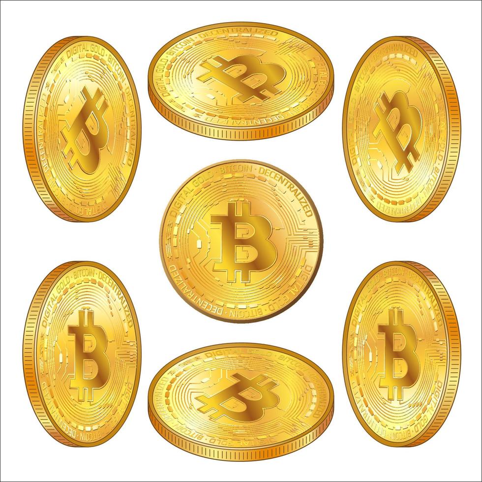 Set of detailed gold coins Bitcoins in isometric view isolated on white. BTC symbol of modern digital gold and money. Vector illustration.