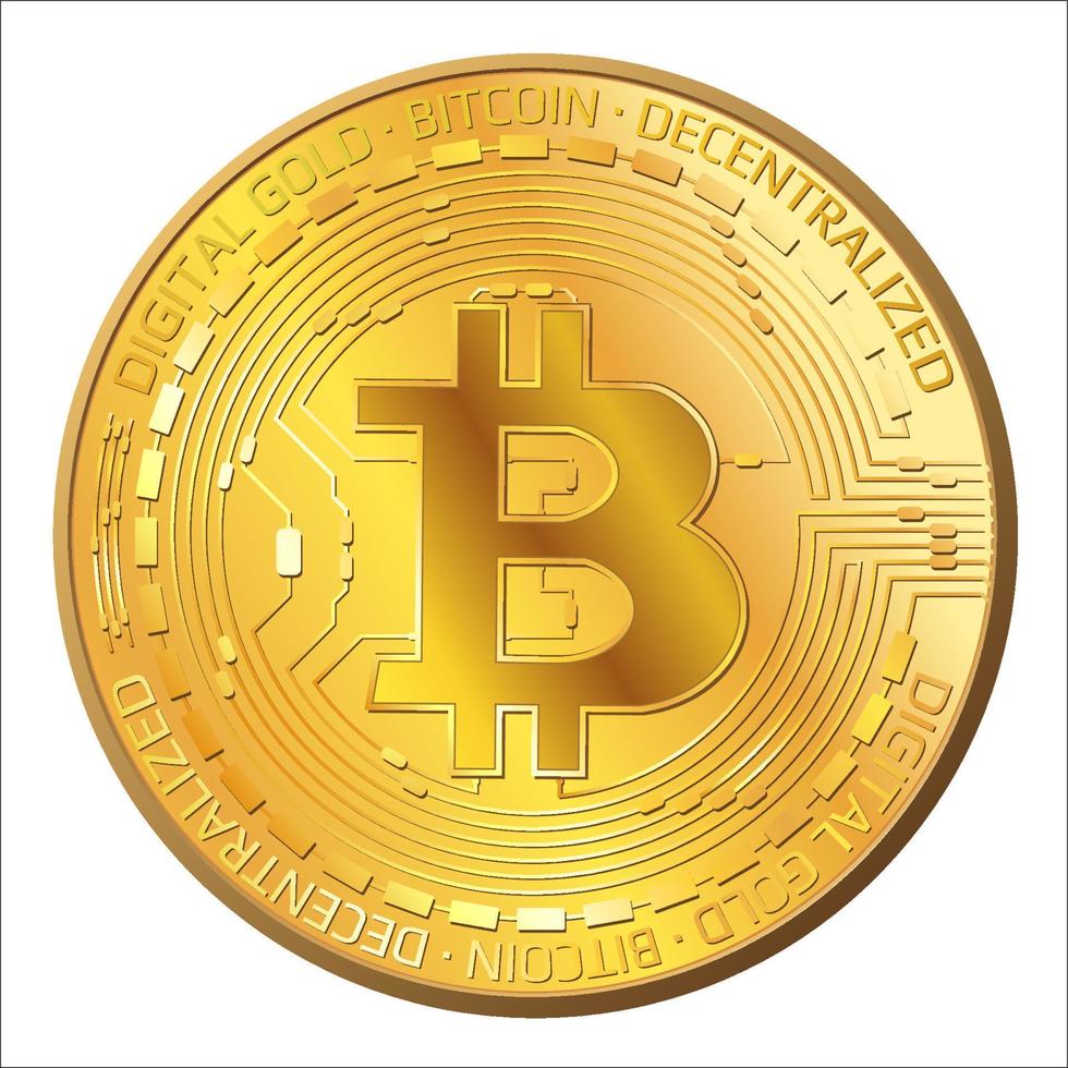 Detailed golden coins Bitcoin in front view isolated on white. BTC symbol of modern digital gold and money. Vector illustration.