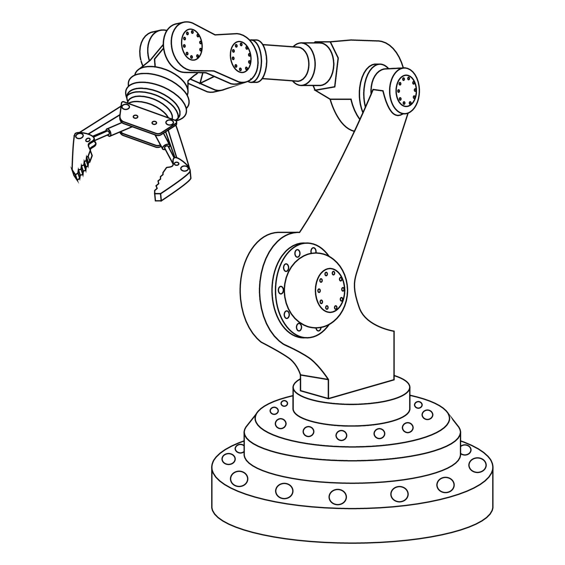 Outline mechanical robotic arm with gripper isolated on white. Vector