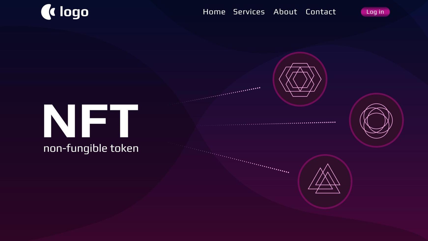 Website header template for NFT nonfungible tokens with simple infographics unique coins on dark background. Pay for unique collectibles in games or art. Vector illustration.