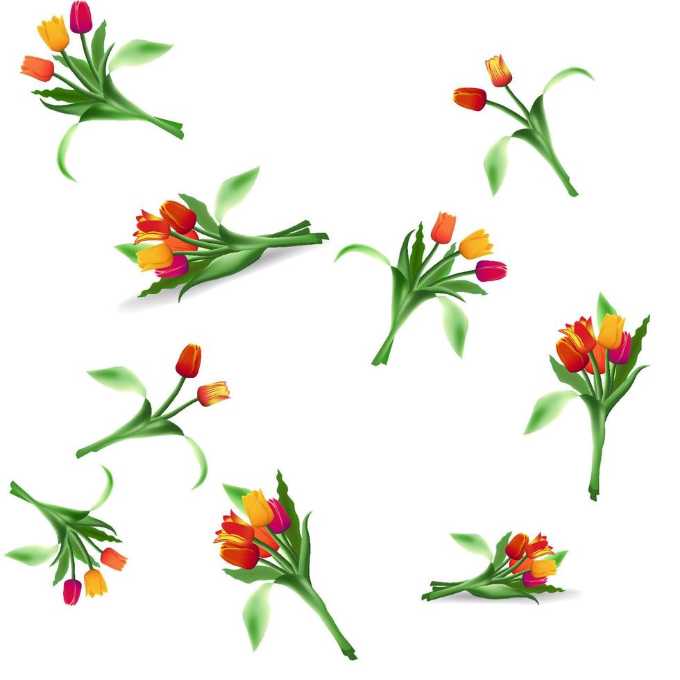 sin costura floral modelo de ramos de flores de realista tulipanes floreciente brillante flores rojo, amarillo y púrpura brotes vector. vector