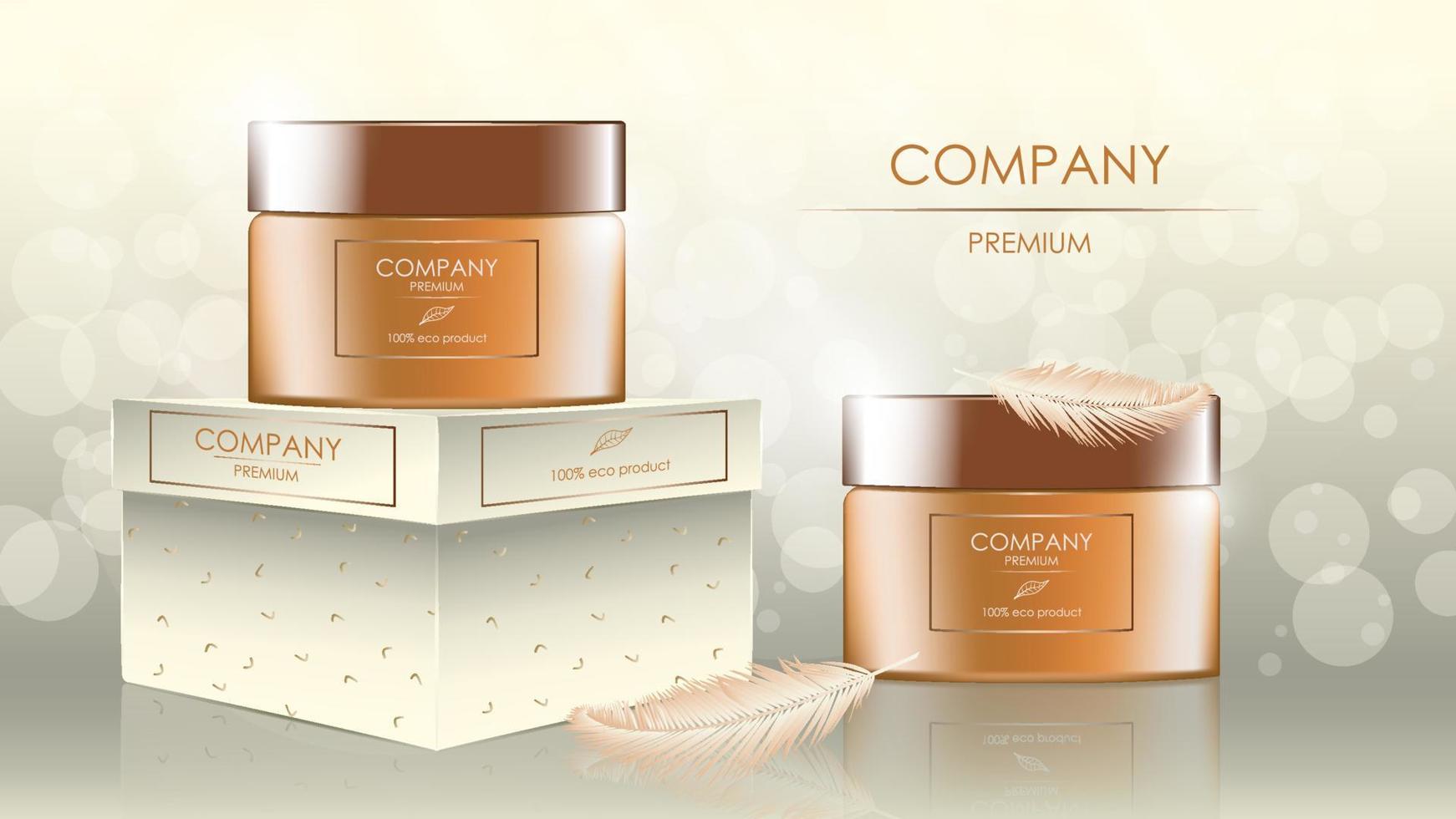 Realistic cream jars with feathers, banner with copy space for cosmetology and skincare on glare background. Advertisement layout beauty product. Vector illustration.