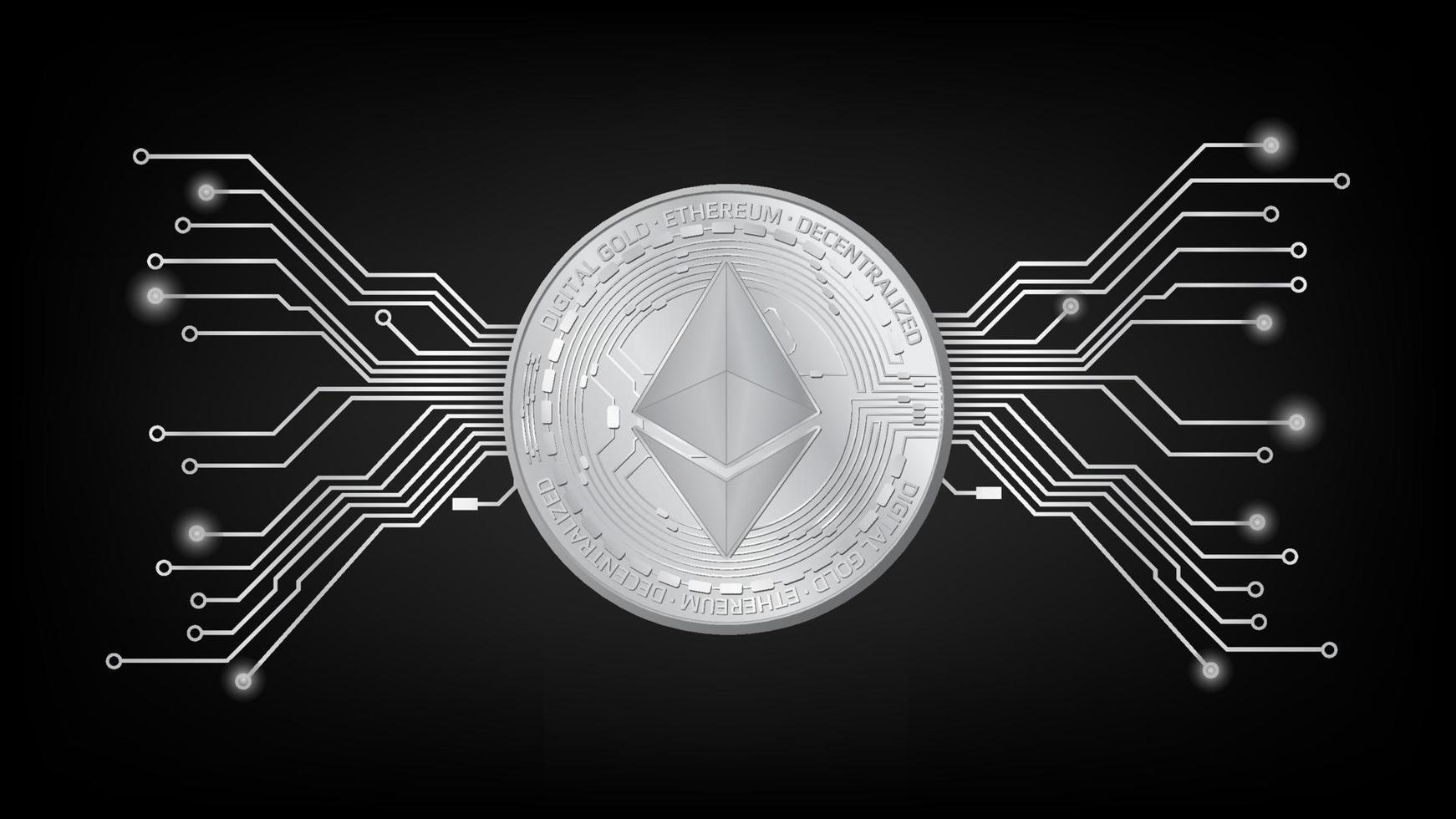 Detailed gold coin Ethereum ETH token with pcb tracks in black and white on dark background. Digital gold in techno style for website or banner. Vector illustration.