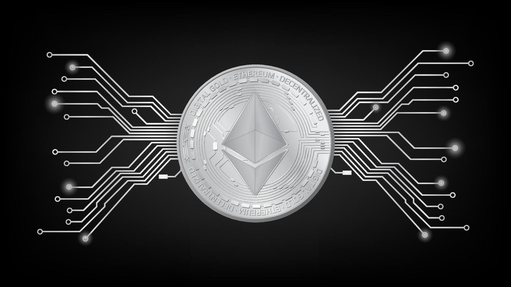 detallado oro moneda ethereum eth simbólico con tarjeta de circuito impreso pistas en negro y blanco en oscuro antecedentes. digital oro en techno estilo para sitio web o bandera. vector ilustración.