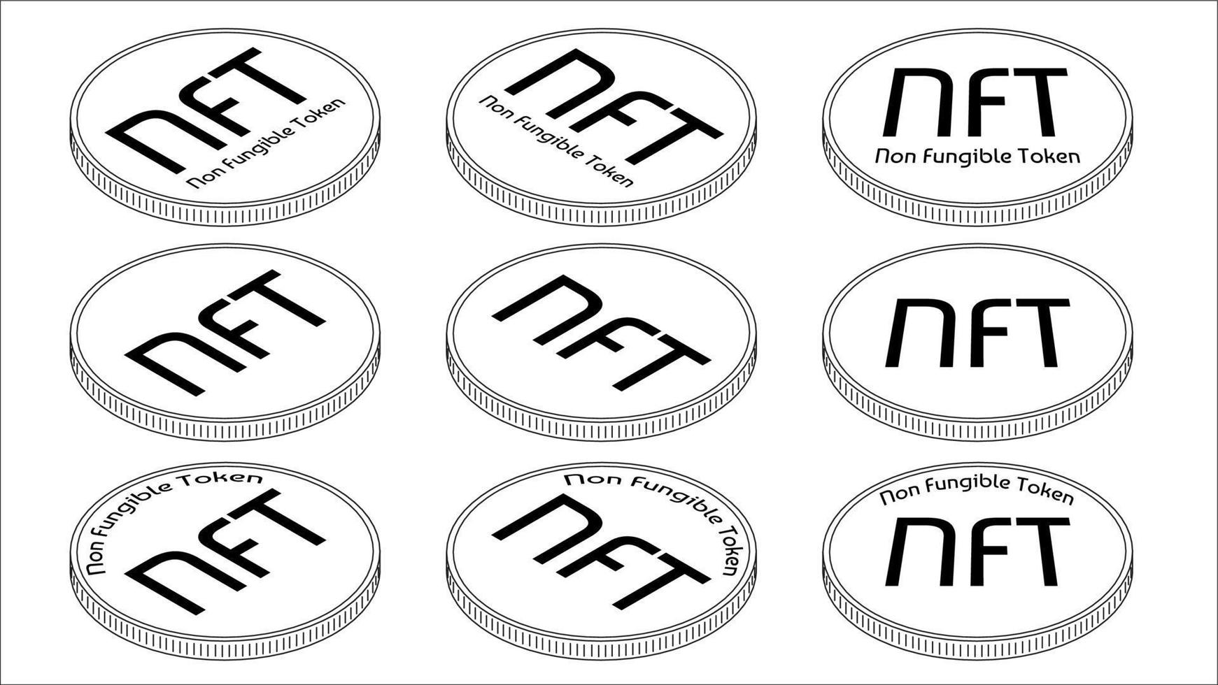 Set of isometric outline coins NFT non fungible tokens isolated on white. Pay for unique collectibles in games or art. Vector illustration.