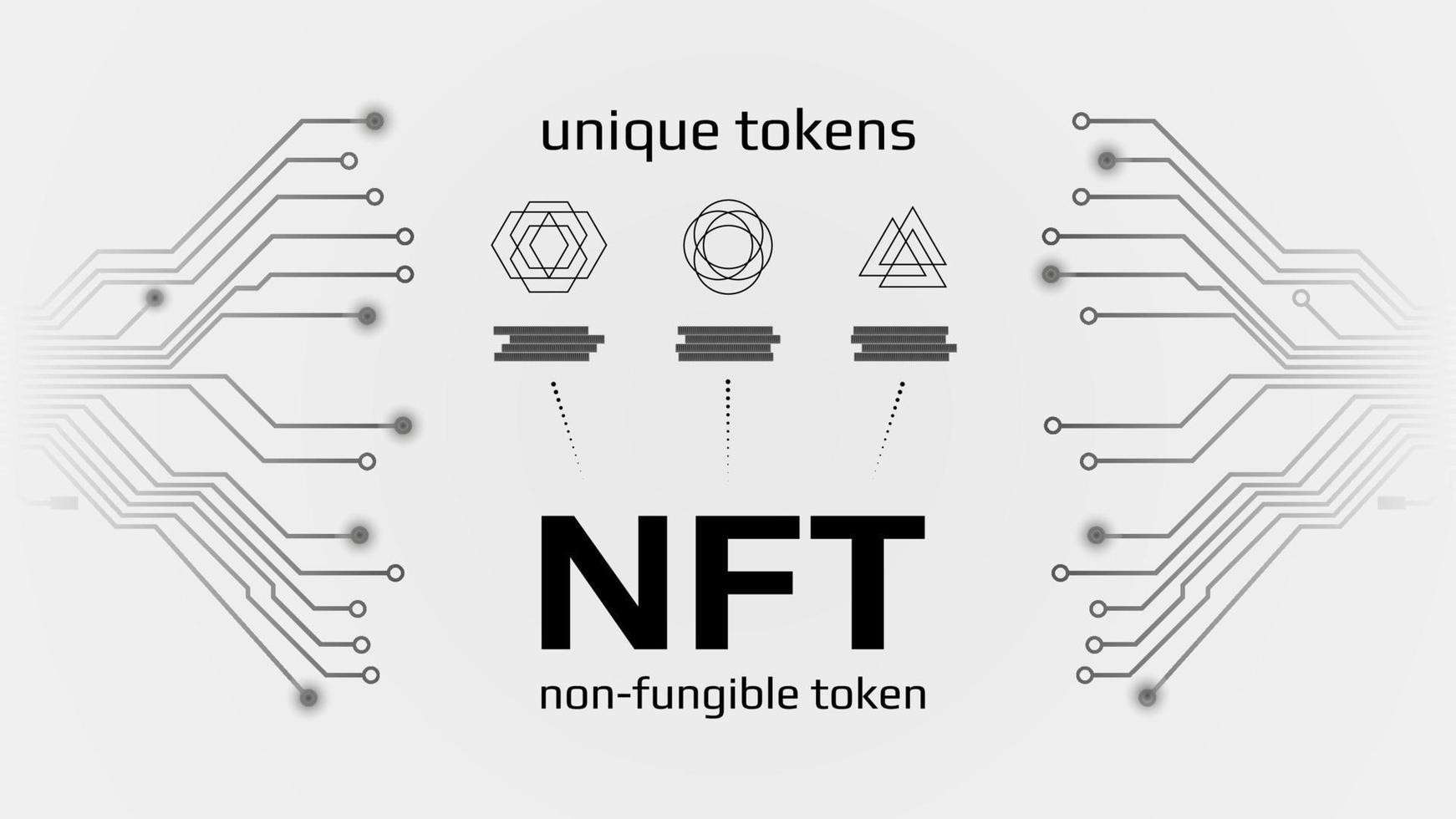 nft no fungible tokens infografia con tarjeta de circuito impreso pistas en blanco antecedentes. pagar para único coleccionables en juegos o Arte. vector ilustración.