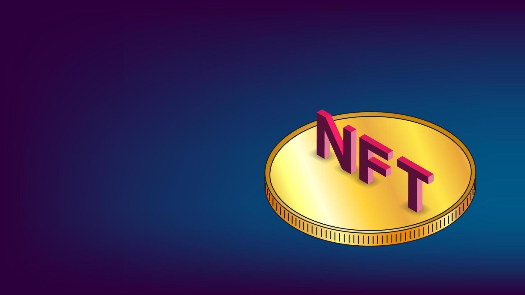 NFT non fungible tokens infographics with gold isometric coin on blue background and copy space. Pay for unique collectibles in games or art. Vector illustration.