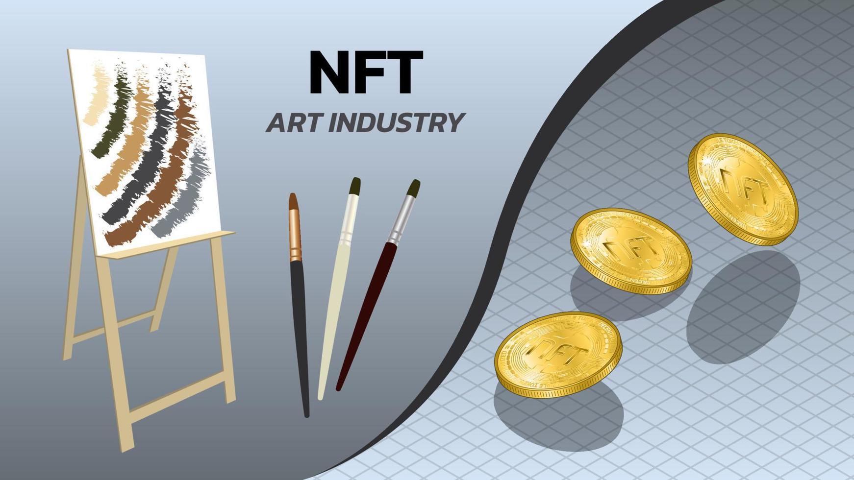 NFT non fungible tokens art industry banner with easel, brushes and isometric falling coins. Pay for unique collectibles in games or art. Vector illustration.