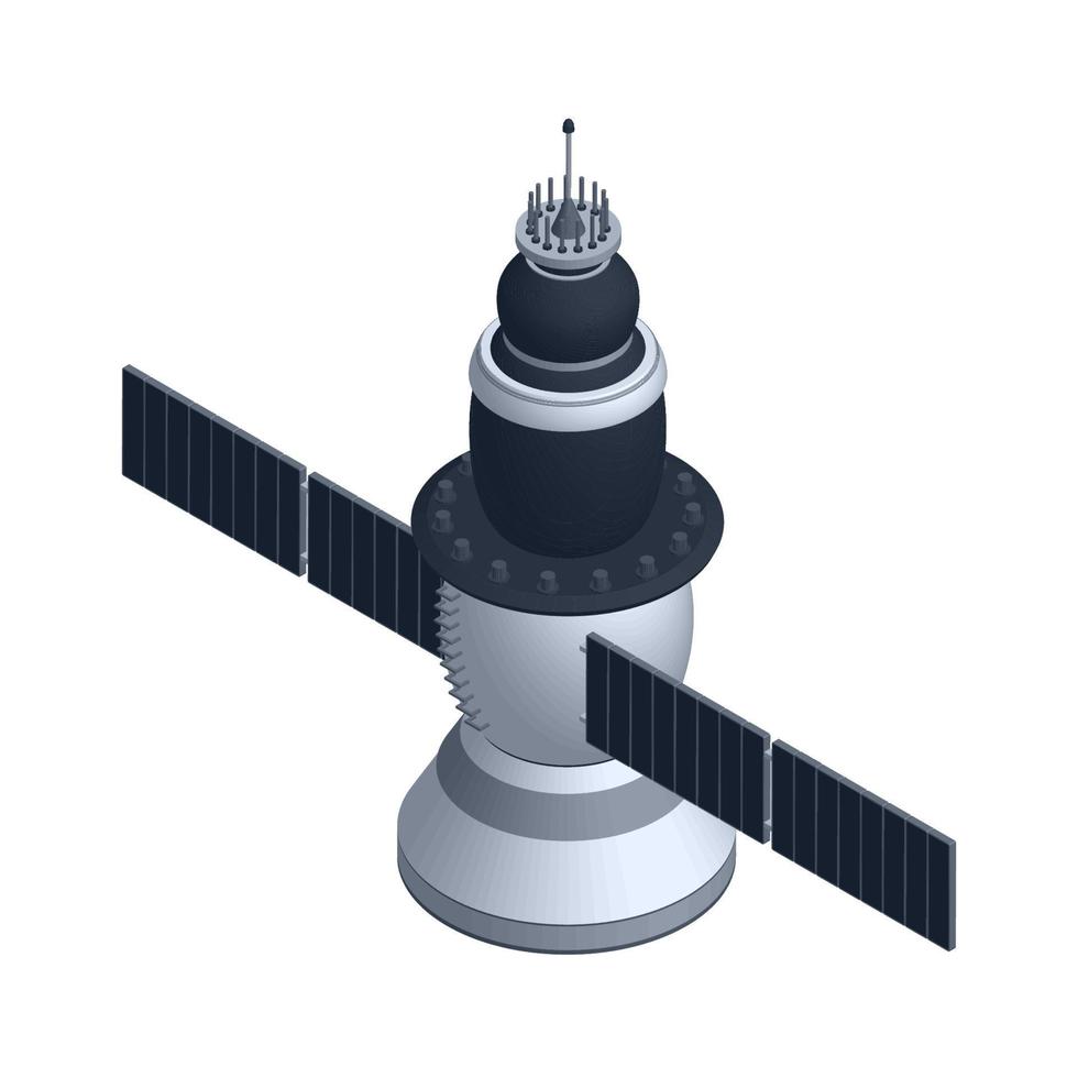 Isometric space satellite isolated on white. 3d model of a spacecraft. Vector illustration.