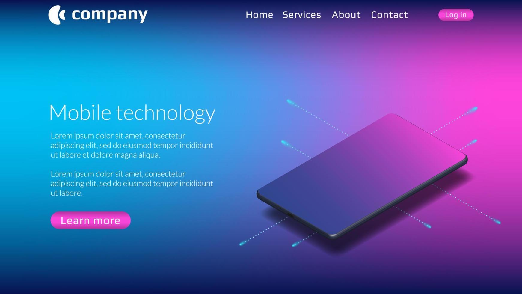 Website template with isometric mobile phone for mobile technology. Smartphone on colored background. Vector illustration.