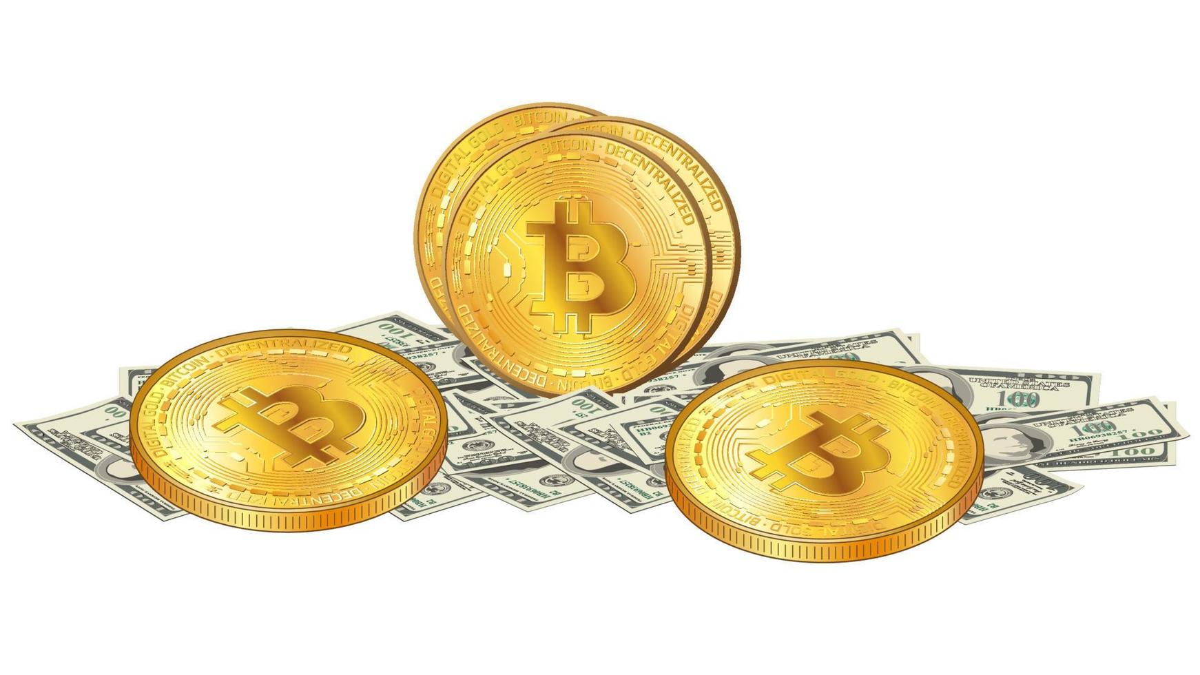 Scattered paper 100 us dollars banknotes and golden Bitcoin coins over cash money isolated on white. Pile of money and Bitcoin coin in realistic style. Vector illustration.