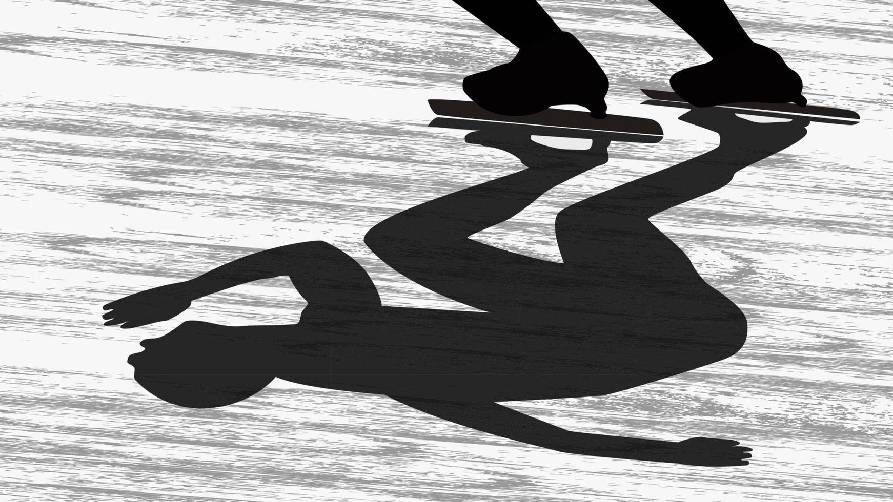 Silhouette with the shadow of a man running on ice. Speed skating. You can see the bottom of the legs and skates. Horizontal vector EPS 10.