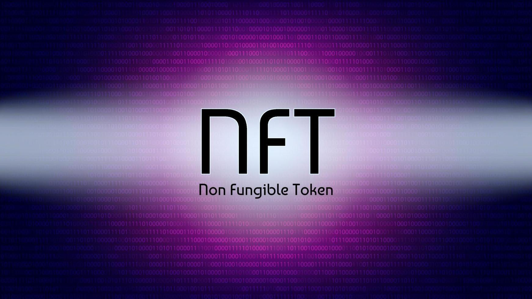 NFT non fungible token in the rays of light from the spotlights on background of numbers. Pay for unique collectibles in games or art. Vector illustration.