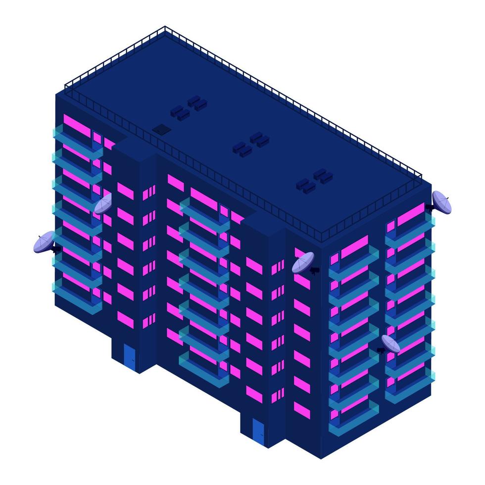 Isometric residential building with two entrances, balconies and satellite dishes isolated on white. Modern palette. Vector EPS10.