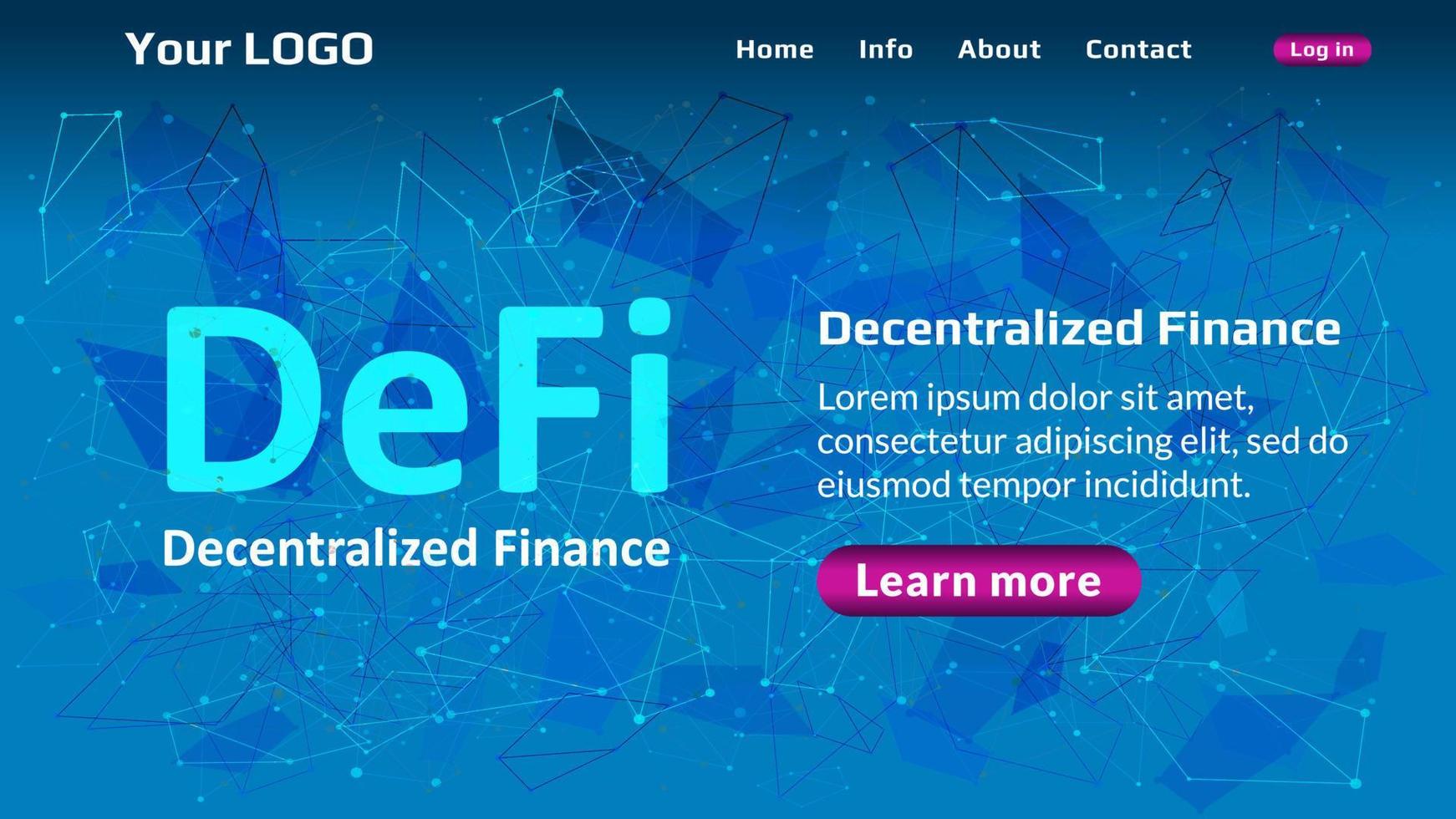 Defi - decentralized finance website template on blue abstract polygonal background. Website header layout with hot offer. Ecosystem of financial applications and services. Vector EPS10.