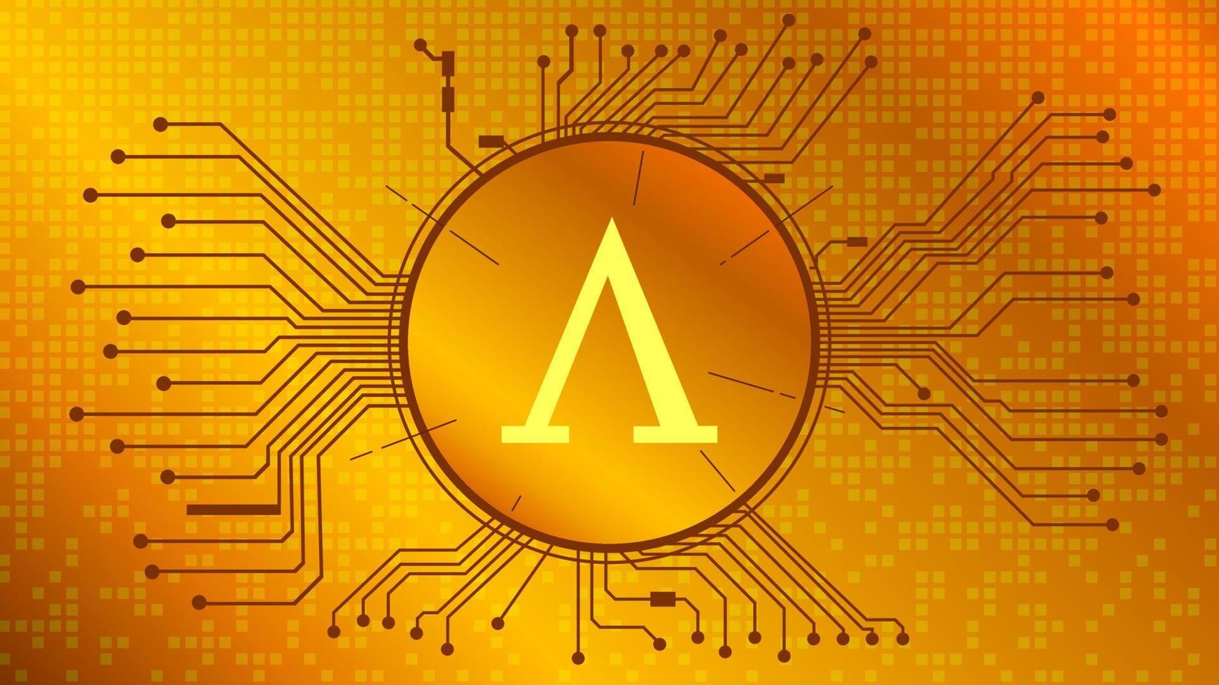 Ampleforth AMPL token symbol of the DeFi project in circle with PCB tracks on gold background. Cryptocurrency icon. Decentralized finance programs. Vector EPS10.
