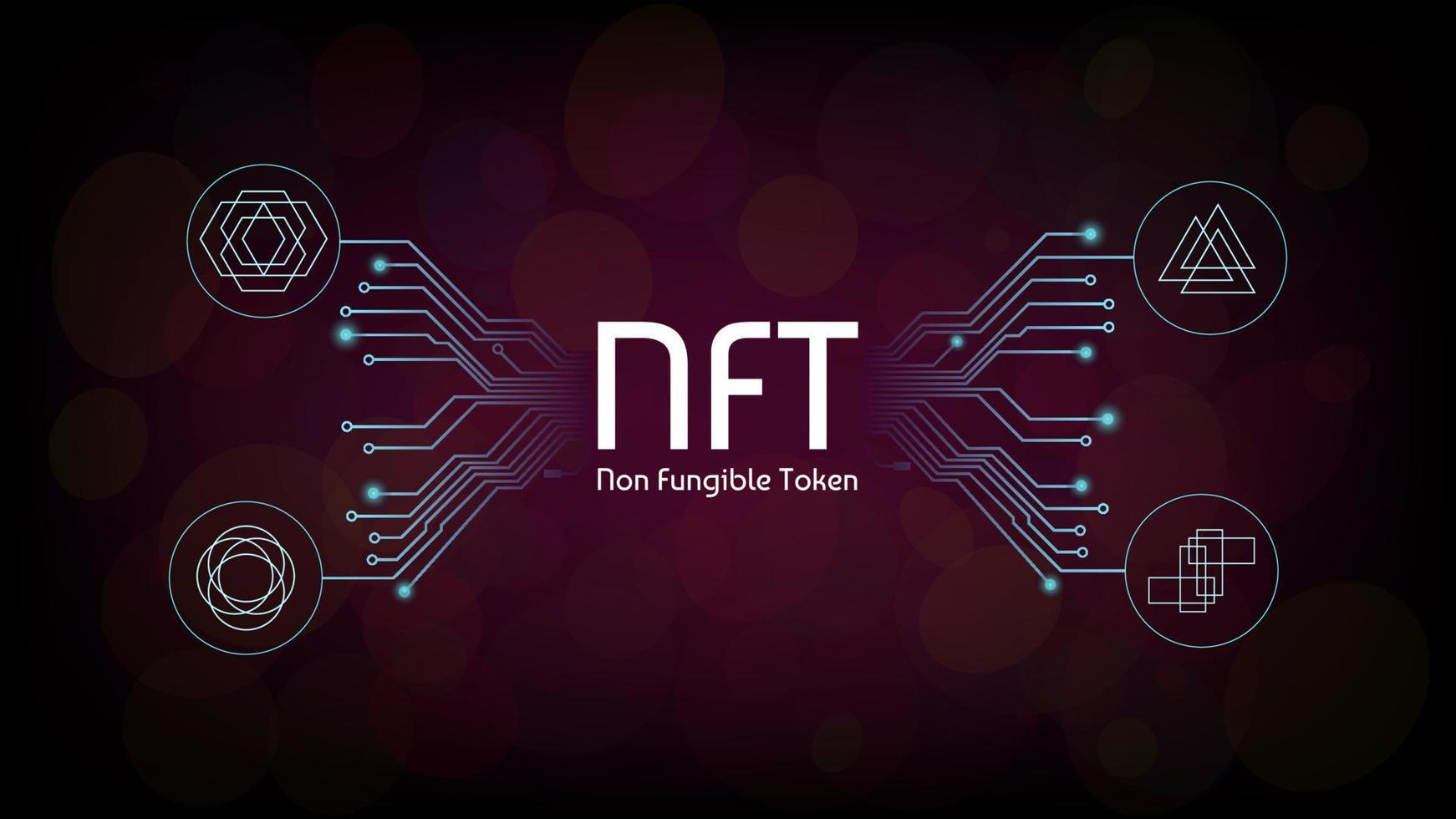 NFT non fungible tokens infographics with pcb tracks and unique tokens on dark background. Pay for unique collectibles in games or art. Vector illustration.