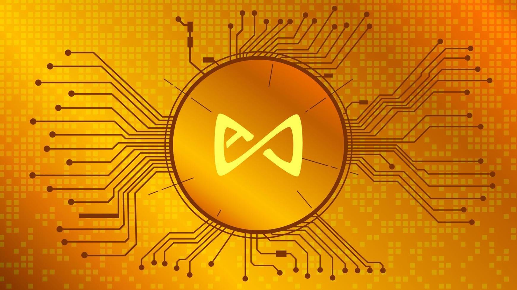 Axie Infinity AXS cryptocurrency token symbol in circle with PCB tracks on gold background. Digital currency coin icon in techno style for website or banner. Vector illustration.