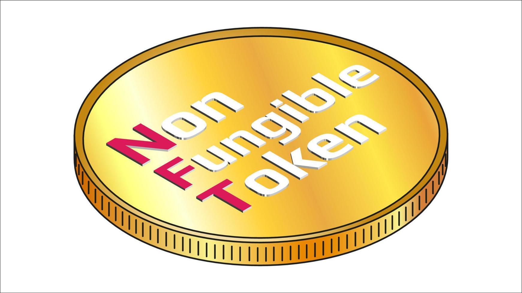 NFT non fungible token isometric text on golden coin isolated on white. Pay for unique collectibles in games or art. Vector illustration.
